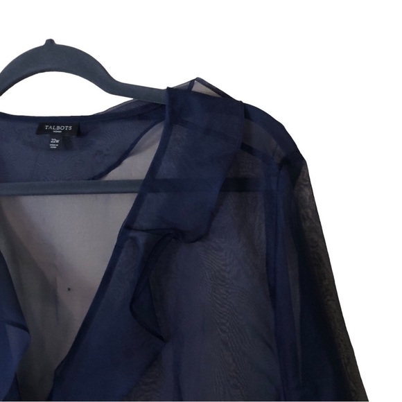 Talbots Long Sleeve Ruffle V-Neck Sheer Crepe Wrap Blouse Women's Plus 22W Blue - Picture 4 of 8